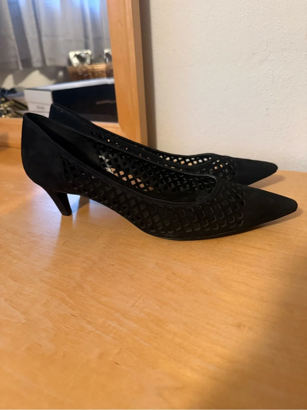 Nine West Black Laser-Cut Suede Mid Kitten Heels